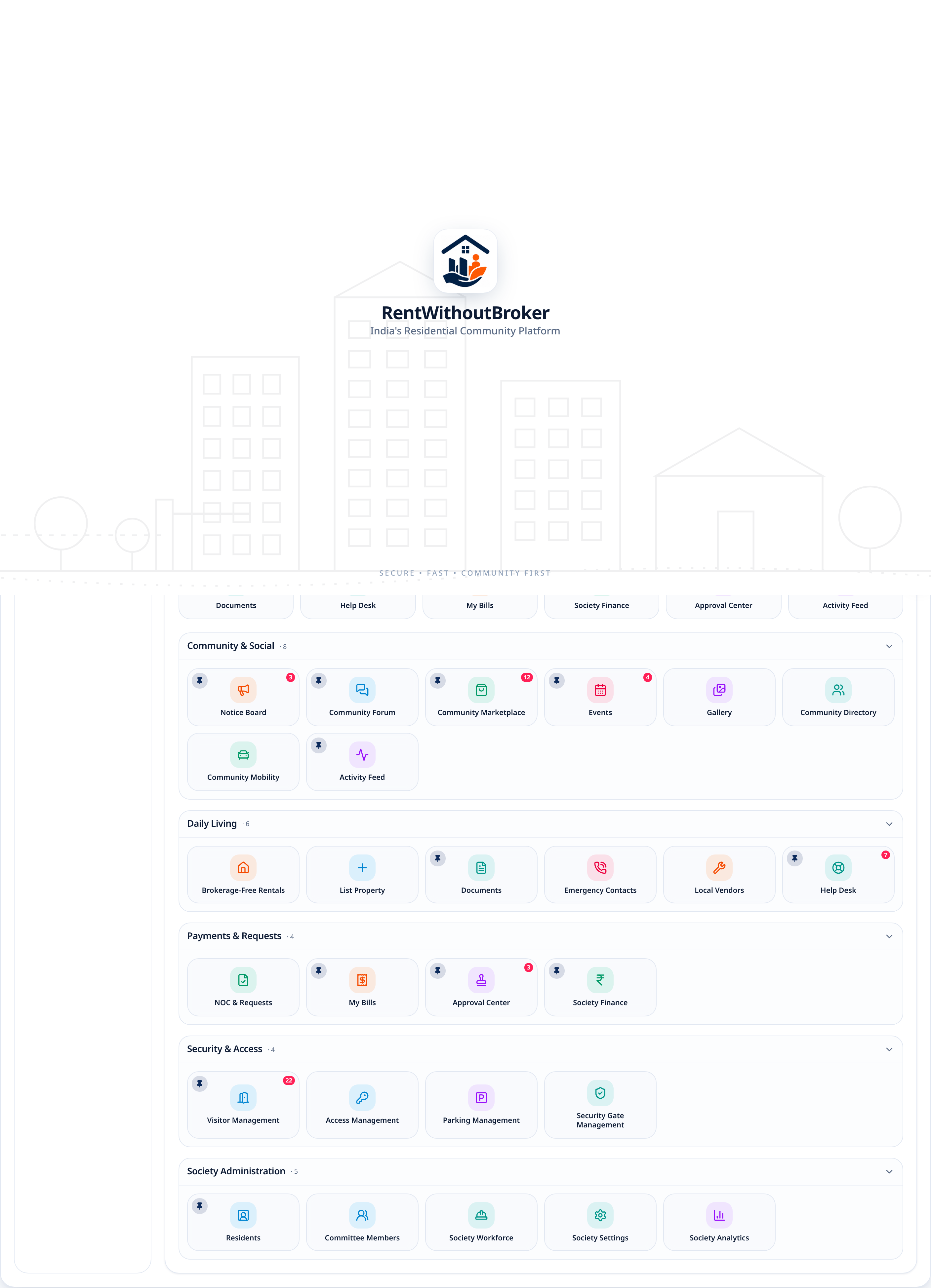 Society Hub home with quick access to visitors, finance, notices and help desk